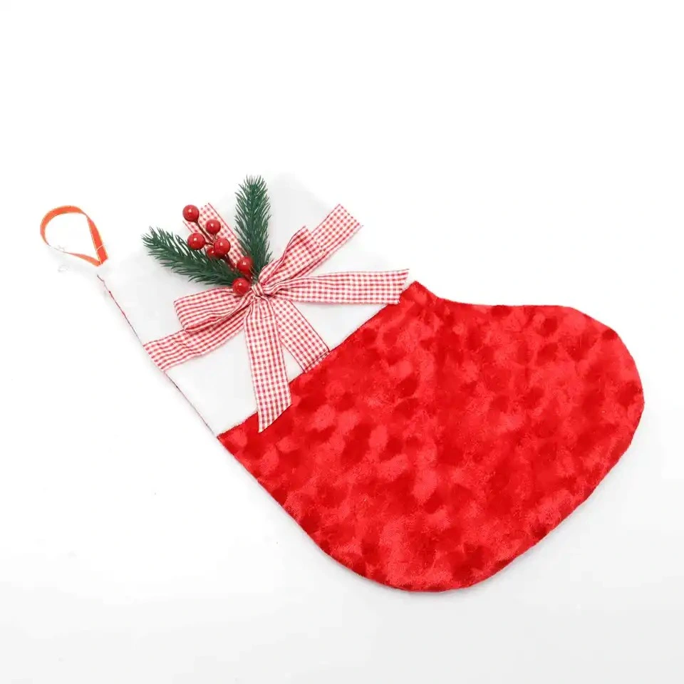 Christmas Stocking Santa Gift Bag Xmas Decoration New Year Velvet Socks with Berry Pine Needle Ornament Plaid Bowknot