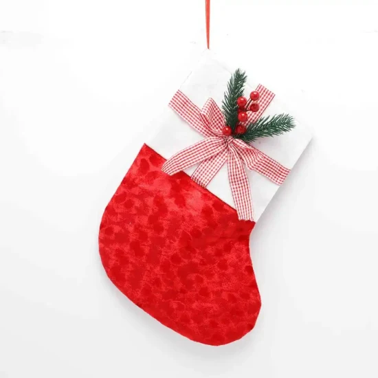 Natal meia saco de presente de papai noel decoração de natal ano novo meias de veludo com berry pinho agulha ornamento xadrez bowknot